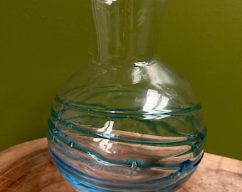 Vintage Signed Richard Blenko 2008 Glass Vase, Cobalt Blue Applied Ribbon Swirl Gourd Vase #8318, Mid Century Modern Art Glass