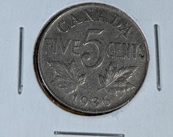 Moneda de cinco centavos canadiense vintage de 1936: último año del rey Jorge V