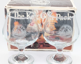 Vintage The Keg Steak and Seafood Gift Pack | Set of 2 Brandy Snifters - Original 1980s Boxed Set - MCM Restaurant Barware