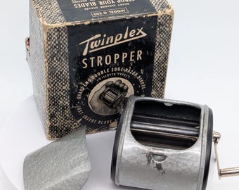 Vintage Twinplex Stropper Modell G 200 Rasierklingen-Schärfer, 1940er Jahre Rasur (Original Box, Bedienungsanleitung)