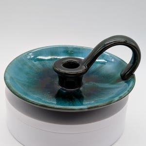 Vintage Blue Mountain Pottery Chamberstick - Green Drip Glaze Candle Holder with Handle - BMP Canada MCM 1960s-1970s