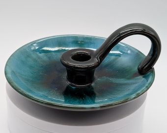 Vintage Blue Mountain Pottery Chamberstick - Green Drip Glaze Candle Holder with Handle - BMP Canada MCM 1960s-1970s
