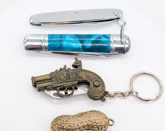 Vintage 4-delig zakmes | Map Sabre Japan Blue Pearl | Peanut & Pistol-nieuwigheid sleutelhangermessen - jaren 60-70