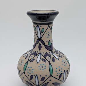 Vintage Signed Mexican Pottery Bud Vase | Geometric Hand Painted Design | JS MEX Artisan Stoneware | Blue Green Purple Motif | Boho Decor
