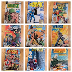 Peut inclure: Neuf bandes dessinées vintage avec des thèmes de guerre et de science-fiction. Les titres incluent "Sgt. Rock" et "Unknown Soldier." Les couvertures présentent des illustrations colorées de soldats, de créatures et de scènes d'action, avec des bulles de texte et des lettres en gras.