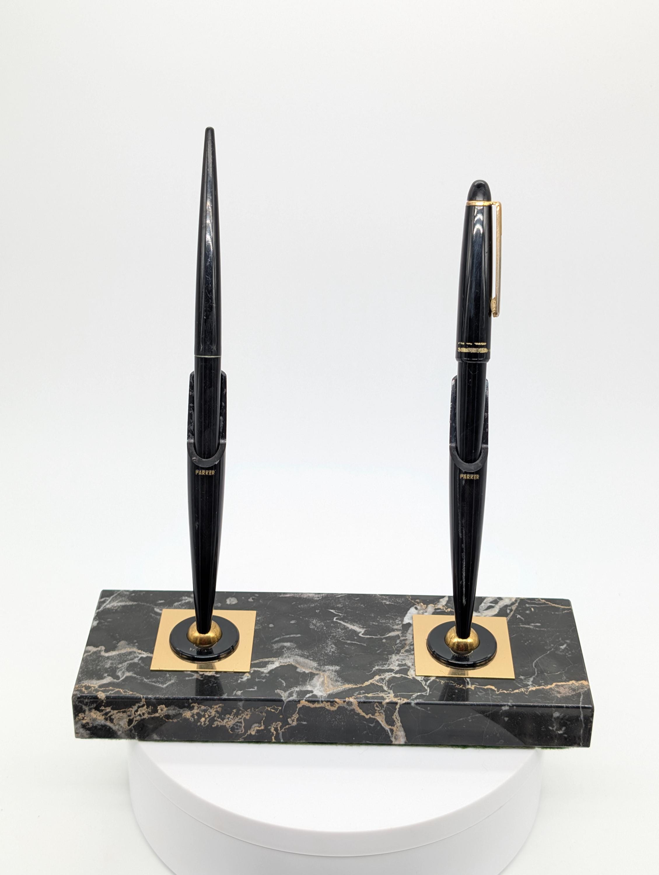 Vintage Parker Double Desk Pen Set | Black Marble Base Brass