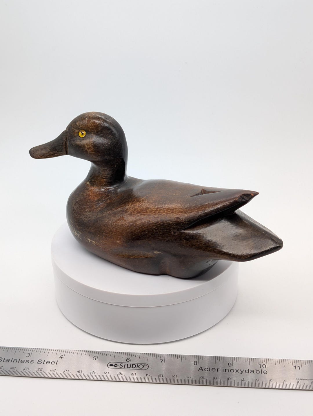 Hand-carved Wooden Duck Decoy | Rustic Folk Art Bird Figurine, Glass ...