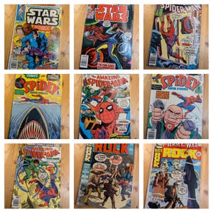 May include: A collection of nine vintage comic books, including titles like 'Star Wars' and 'Spider-Man'. The covers are brightly coloured, with illustrations and text, displaying various comic book titles and issue numbers.
