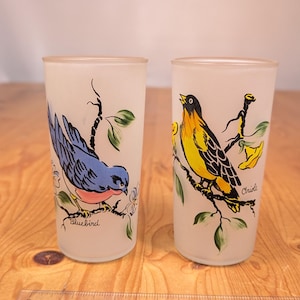Vintage frosted bird drinking glasses set of 2