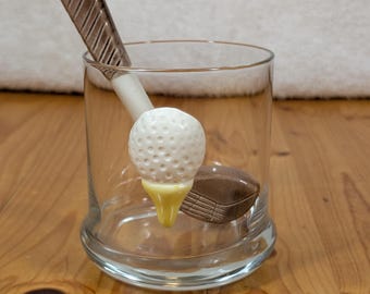 Vintage Golf Ball Golf Tee Bar Whiskey Glasses with a ceramic Golf Club Stirrer