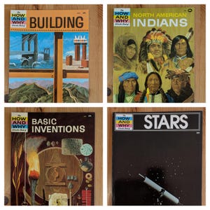 May include: A collection of four vintage softcover books titled The How and Why Wonder Book of Building, North American Indians, Basic Inventions, and Stars. Each cover features colourful illustrations related to its specific subject matter.