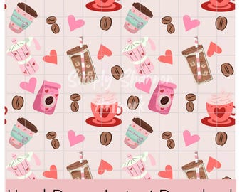 Valentine&#39;s Day Coffee Seamless Pattern Hand Drawn PNG Download Digital Paper Sublimation File Surface Design VDay Coffee File