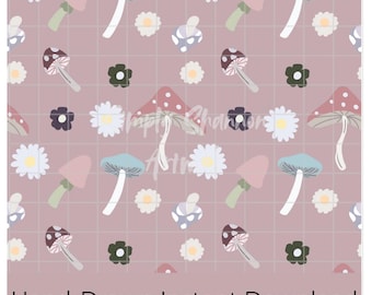 Mushroom Floral Seamless Pattern, Hand-Drawn PNG (Digital Download)