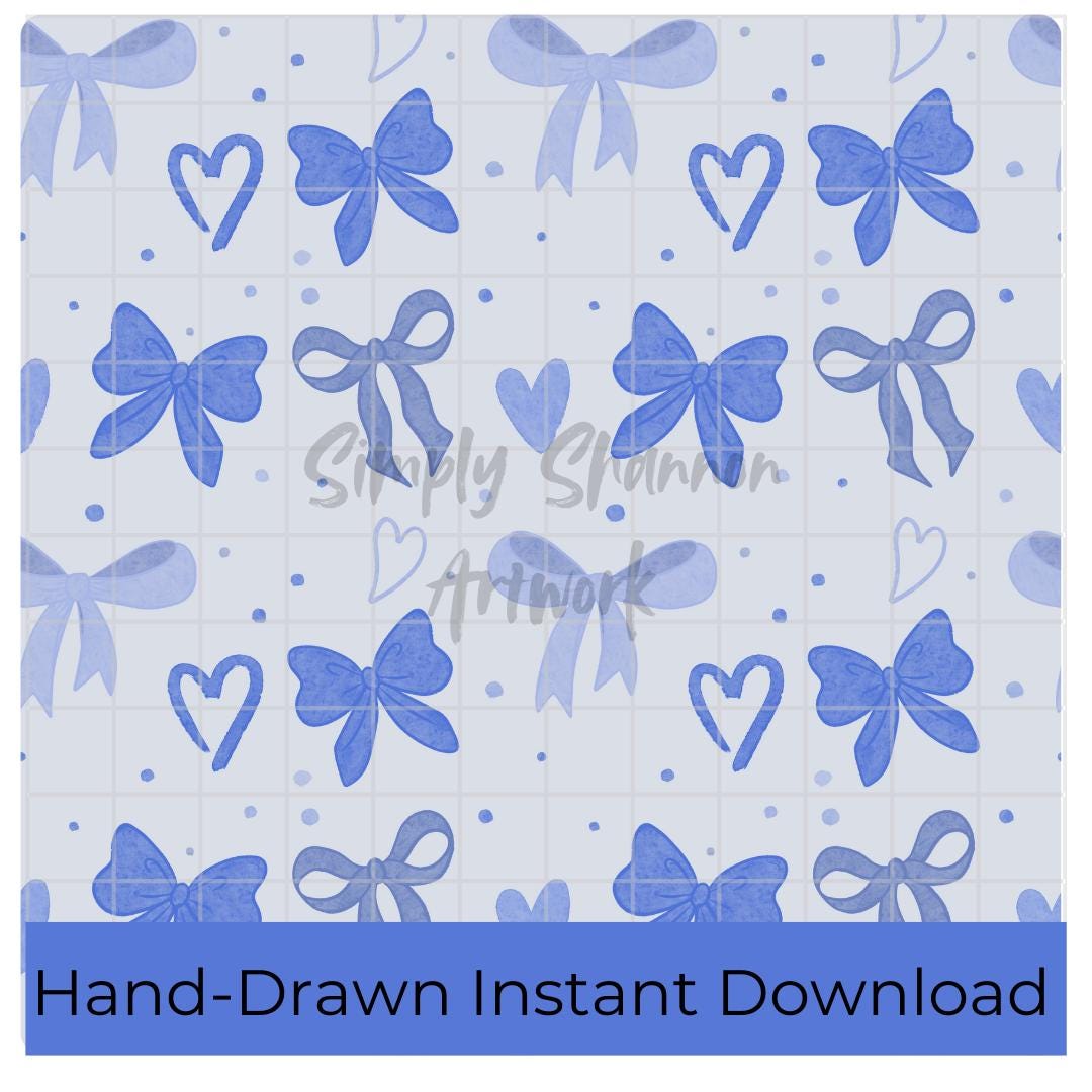 Coquette Blue Bow Seamless Pattern, Hand Drawn PNG (digital Download ...