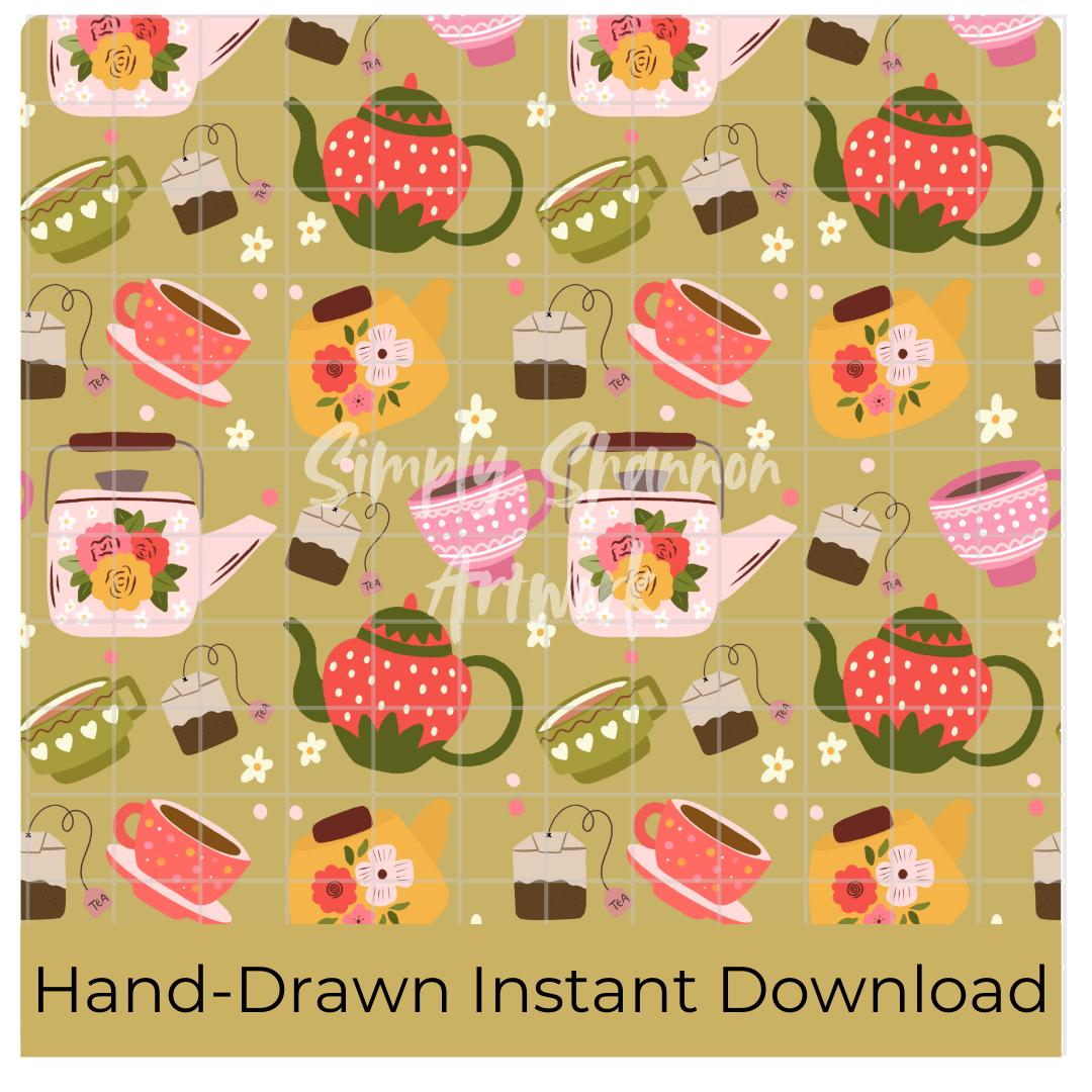 Spring Tea Party Seamless Pattern Hand Drawn PNG Download Digital Paper Sublimation File Surface Design Floral Teacup Teapot Spring File