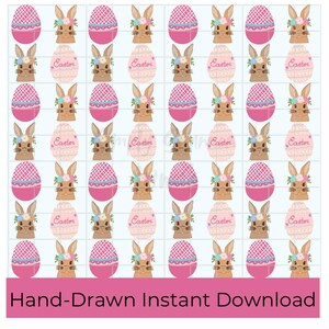 May include: A digital paper pack with a repeating pattern of pink and white Easter eggs, brown bunnies wearing flower crowns, and the word "Easter" in pink lettering.