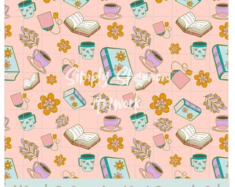 Spring Reading Books Seamless Pattern Hand Drawn PNG Download Digital Paper Sublimation File Surface Design Floral Teacup Spring File