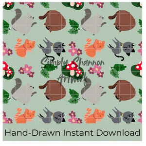 Spring Cat Floral Seamless Pattern Hand Drawn PNG Download Digital Paper Sublimation File Surface Design Floral Cats Spring File