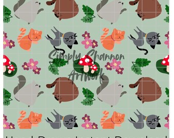 Spring Cat Floral Seamless Pattern Hand Drawn PNG Download Digital Paper Sublimation File Surface Design Floral Cats Spring File
