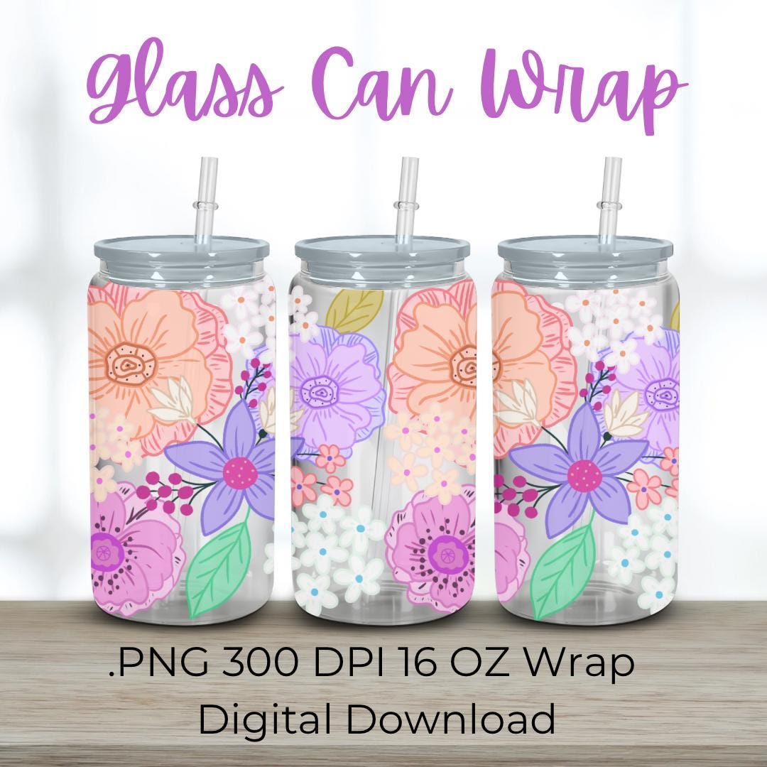 Spring Floral Digital File 16oz Glass Can Wrap 300 DPI PNG UVDTF ...