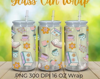 Spring Bookish 16oz Glass Can Wrap, Floral Teacup Design (Digital PNG File)
