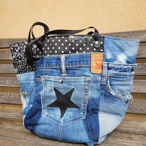 Patchwork tote bag / jeans and leather bag