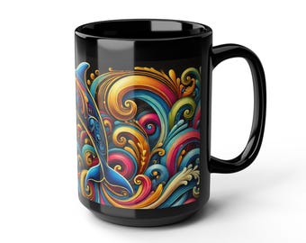 Colorful Dolphin Mug: Ocean Art, Black Ceramic, Marine Life Gift