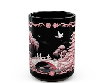 Pink Blue Willow Style Mug: Vintage Inspired Ceramic Tea Cup