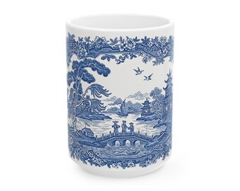 Blue Willow Ceramic Coffee Mug | Traditional Blue and White Tea Cup | Vintage-Inspired Drinkware