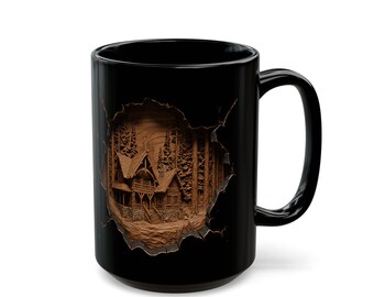 Rustic Mountain Cabin Coffee Mug: Wood Carved Effect, Nature Lover Gift
