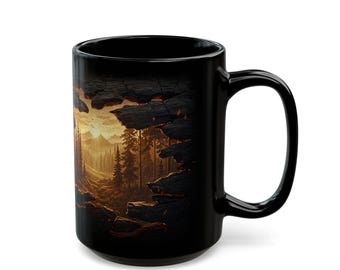 Woodland Pine Tree Coffee Mug: Rustic Carved Wood Effect