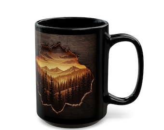 Rustikale Cabin Kaffeetasse: Geschnitzte Holz Bergszene