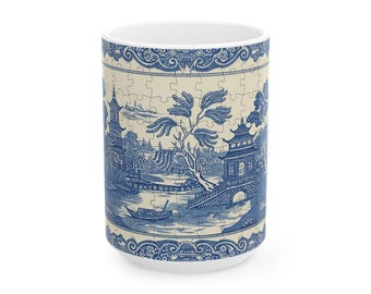 Taza de porcelana Blue Willow / Exquisita taza de cerámica estilo rompecabezas / Diseño vintage atemporal
