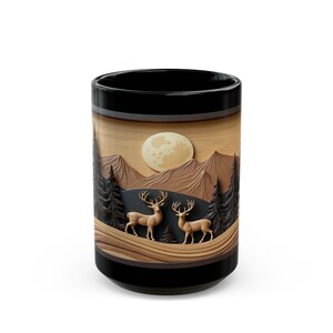 May include: A black ceramic mug with a wood-grain design featuring two deer standing in a forest scene under a full moon. The scene is carved into the mug, giving it a 3D effect.