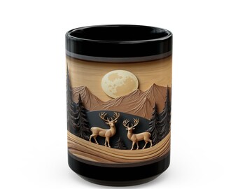 Rustikale Waldkaffeetasse: Geschnitzte Holzkunst Kiefer & Hirschszene