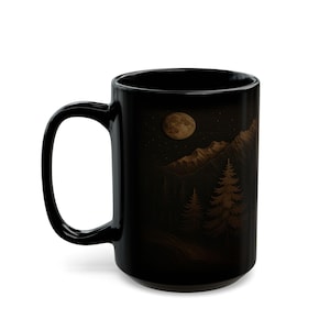 Moonlit Mountain Forest Mug: Carved Wood Style Ceramic Cup