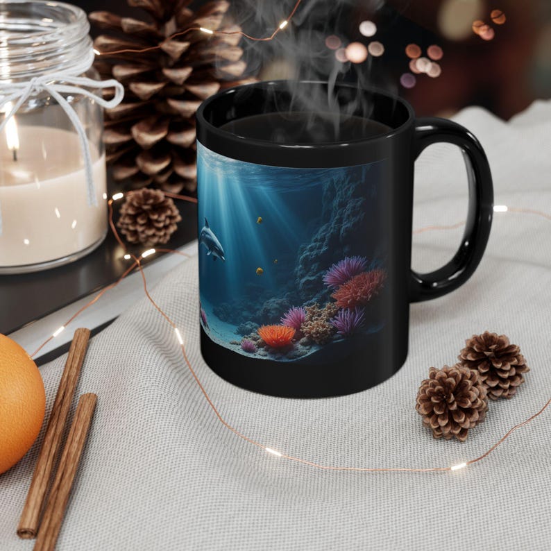Delfin Kaffeetasse: Unterwasserkorallenriff-Szene, schwarze Keramiktasse Bild 7