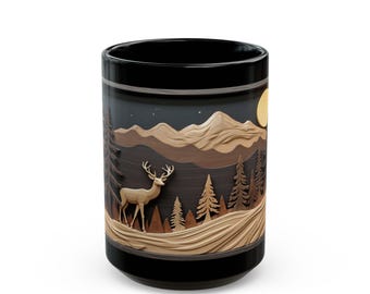 Naturszene Schwarze Tasse: Hirsch, Berge und Kiefern