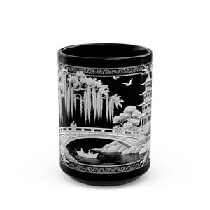 Blue Willow Mug: White Chinoiserie Landscape on Black Ceramic