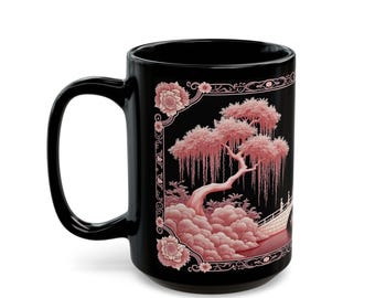 Pink Blue Willow Style Mug: Vintage Inspired Ceramic Tea Cup