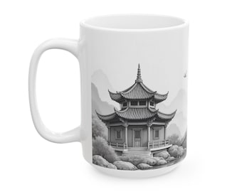 Blue Willow Mug: Vintage Style Pencil Art Ceramic Coffee Cup