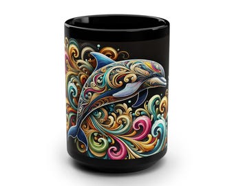 Vibrant Dolphin Mug: Full-Wrap Ocean Art, Black Ceramic
