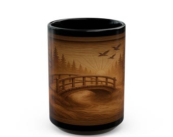 Taza "Puente del Bosque Amanecer" - Regalo de cabaña estilo cottagecore, taza rústica para café matutino, arte tallado del bosque