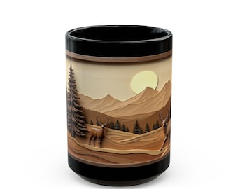 Rustikale Cabin Mug: Geschnitzte Hirsch-, Berg- und Kiefernbaumszene
