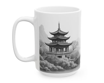 Blue Willow Art Coffee Mug | Pencil Digital Print on Black Ceramic | 11oz & 15oz Vintage-Inspired