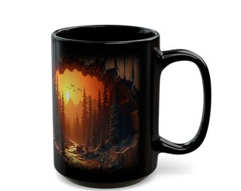 Rustic Mountain Coffee Mug: Carved Wood Effect, Nature Lover Gift