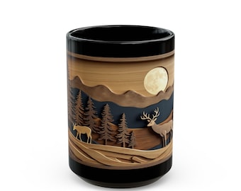 Rustikale Hirsch Kaffeetasse: Geschnitzte Holzkunst, Waldlandschaft