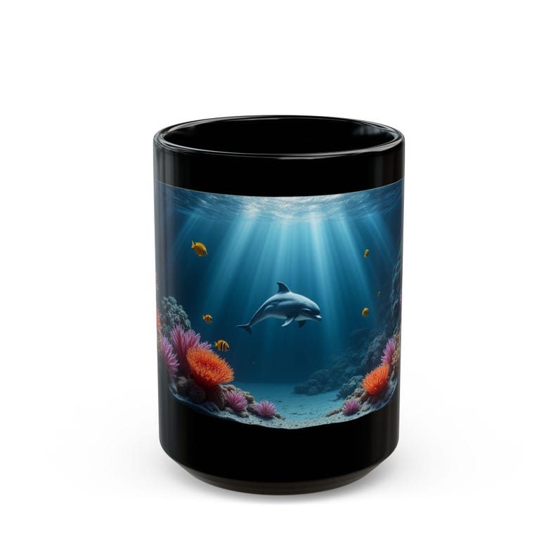 Delfin Kaffeetasse: Unterwasserkorallenriff-Szene, schwarze Keramiktasse Bild 1