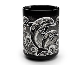 Dolphin Coffee Mug: Black Ceramic Tea Cup with Ocean Wave Design