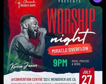 Worship Night Flyer: Church Event Canva Template (Editable)